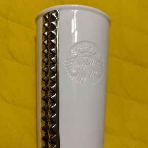 Starbucks 2014 White Ceramic Silver Studded Travel Coffee Studs 10 oz Mug No Lid